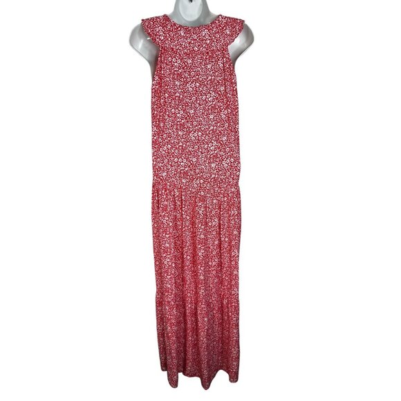 Zara Oversized Floral Print Maxi Dress Peter Pan Collar Tiered Red White Medium - Picture 10 of 15